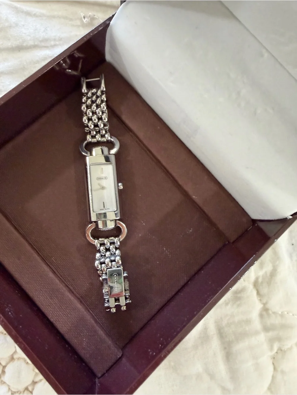 Coach Daphne Stainless Steel Rectangular Tank Watch with Original Box